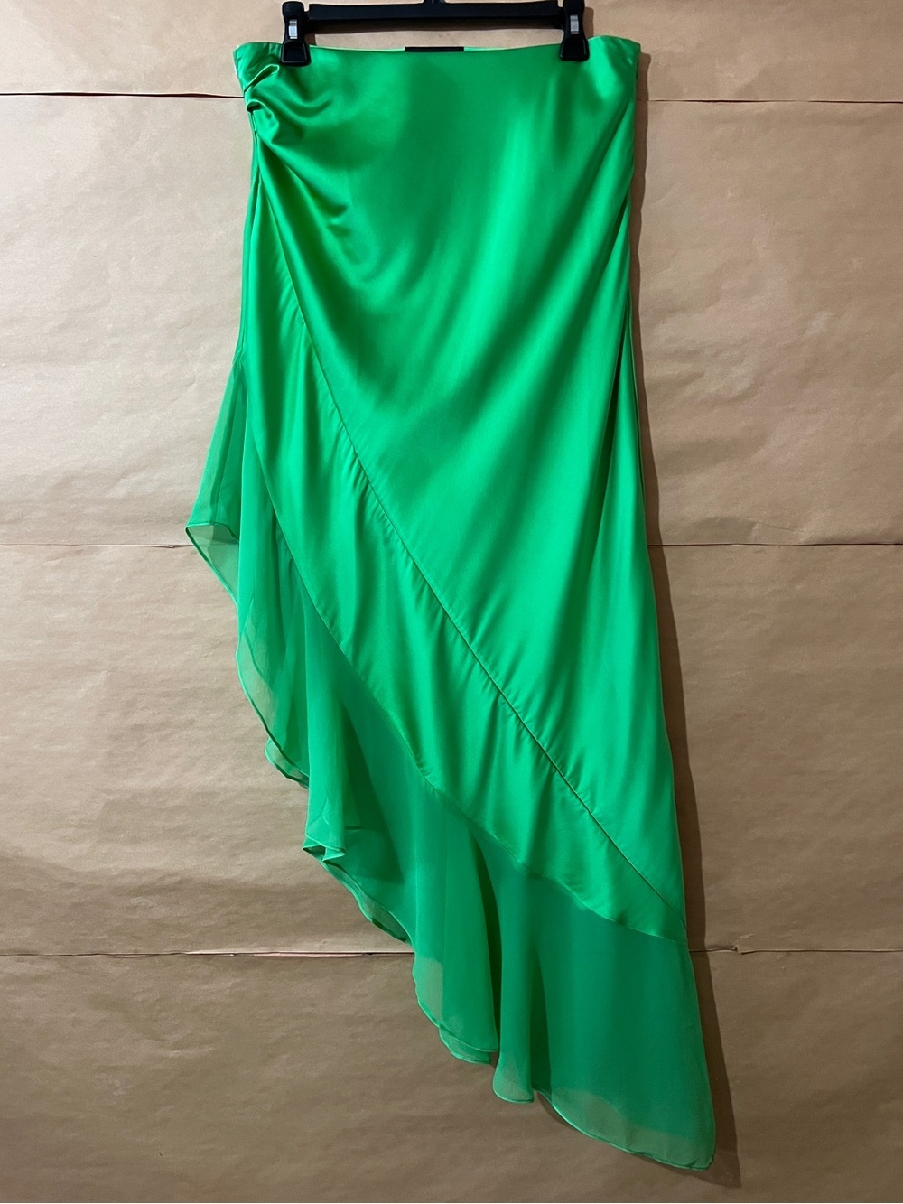 Retrofete | Belinda Skirt Silk Asymmetrical Midi Skirt Green Mesh Trim Size M
